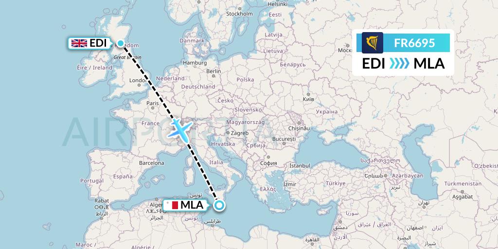 FR6695 Ryanair Flight Map: Edinburgh to Malta