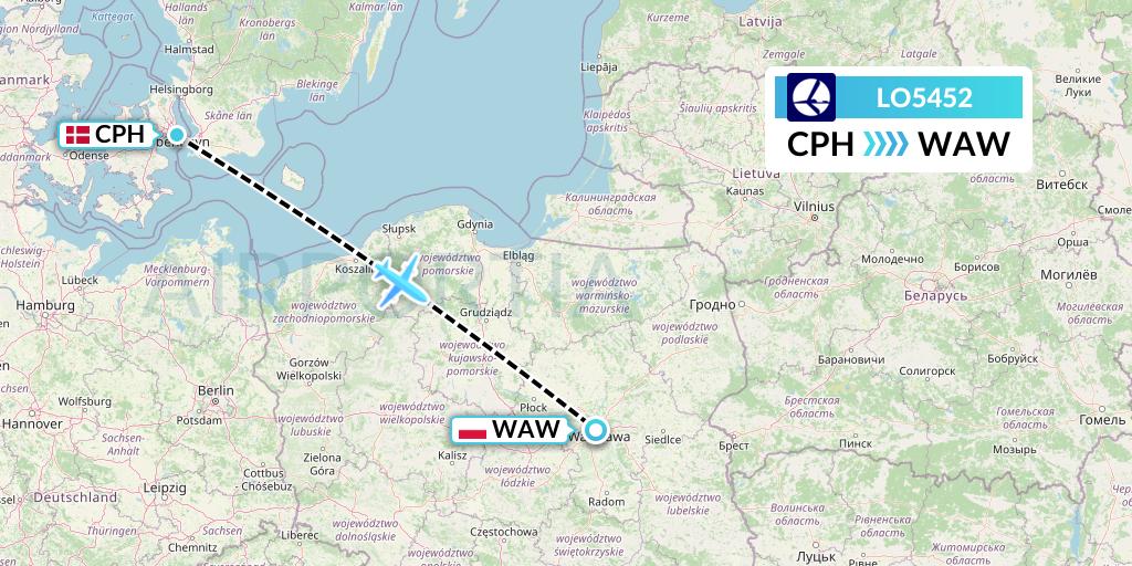 LO5452 LOT Flight Map: Copenhagen to Warsaw