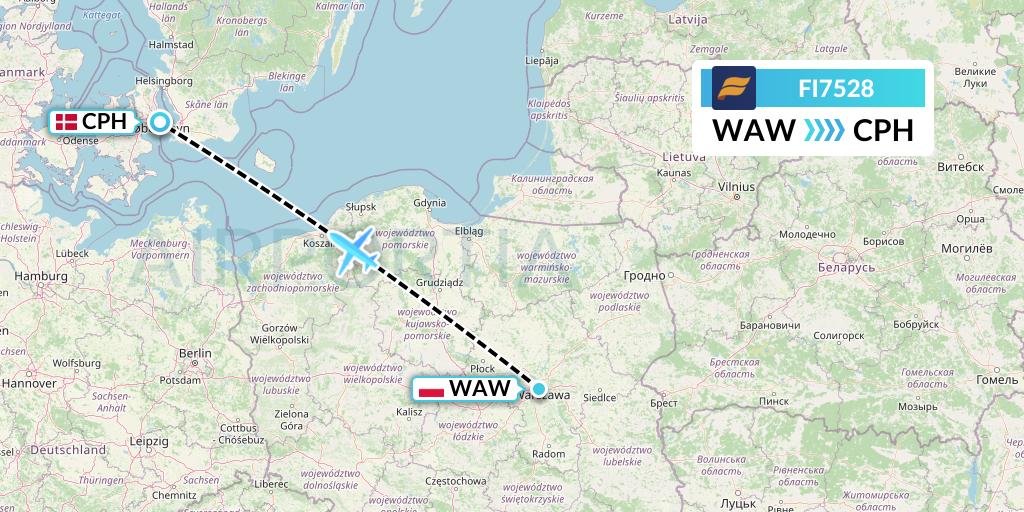 FI7528 Icelandair Flight Map: Warsaw to Copenhagen