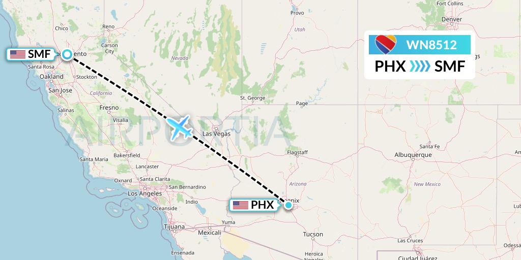 WN8512 Southwest Airlines Flight Map: Phoenix to Sacramento
