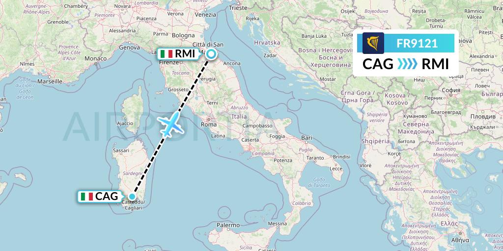 FR9121 Ryanair Flight Map: Cagliari to Rimini