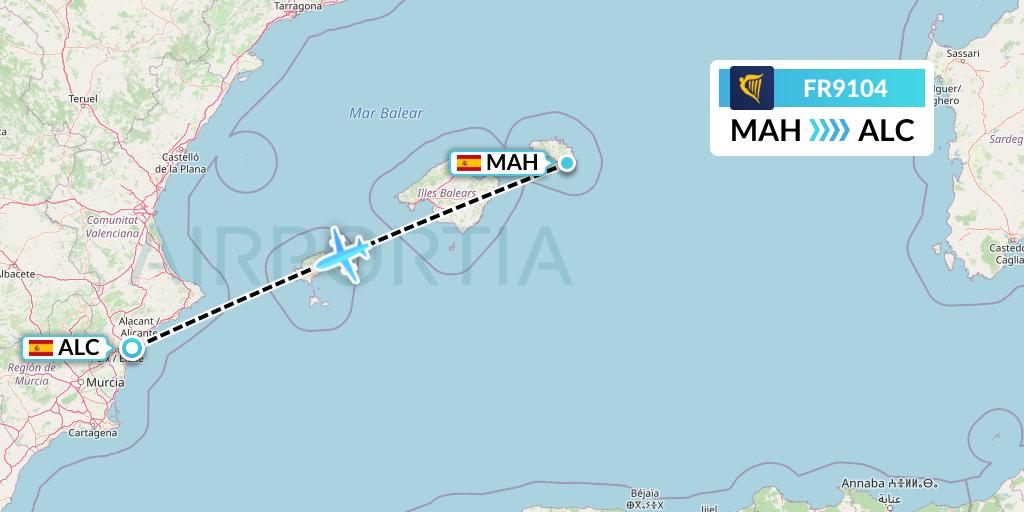 FR9104 Ryanair Flight Map: Mahon to Alicante