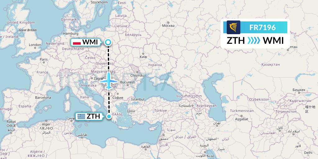 FR7196 Ryanair Flight Map: Zakynthos to Warsaw