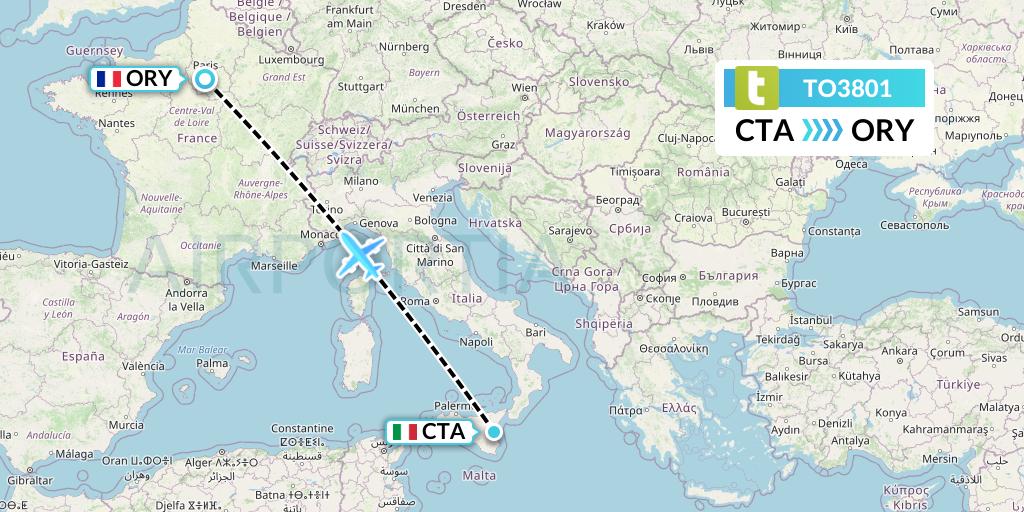 TO3801 Transavia France Flight Map: Catania to Paris