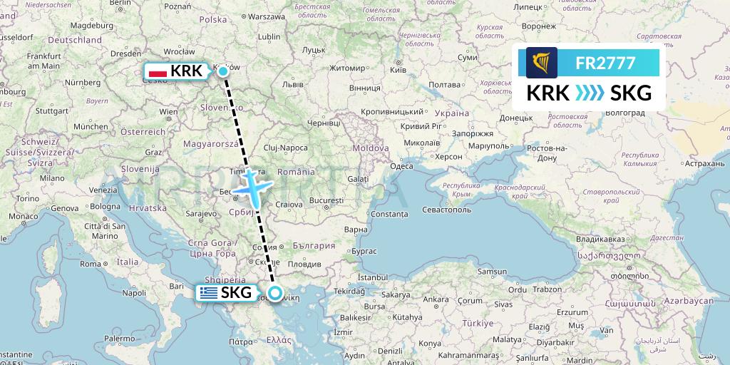 FR2777 Ryanair Flight Map: Krakow to Thessaloniki