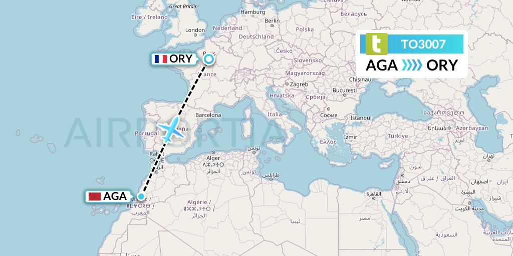 TO3007 Transavia France Flight Map: Agadir to Paris
