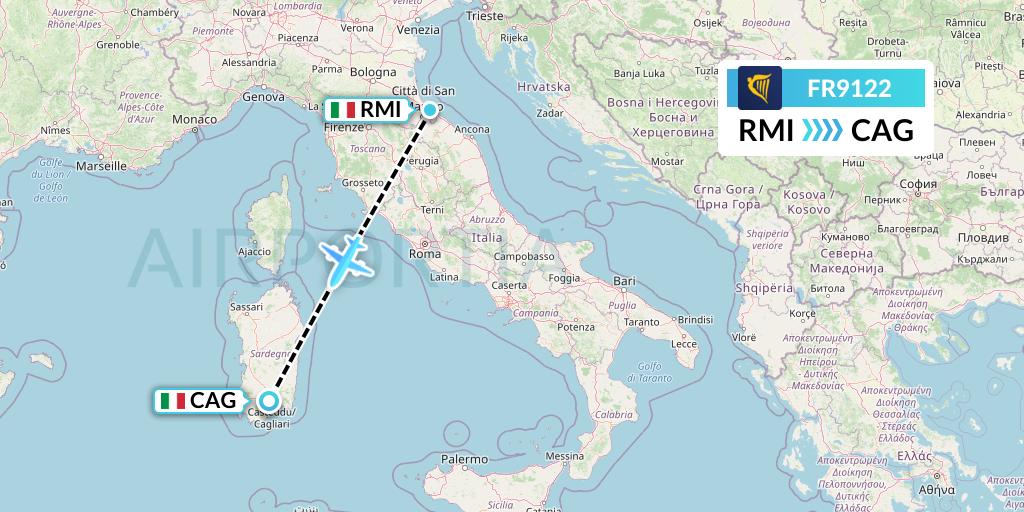 FR9122 Ryanair Flight Map: Rimini to Cagliari