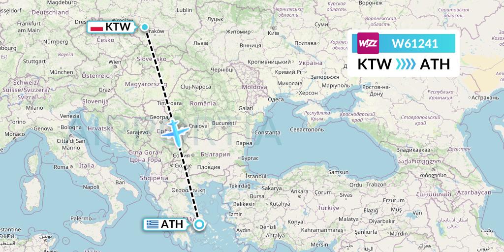 W61241 Wizz Air Flight Map: Katowice to Athens