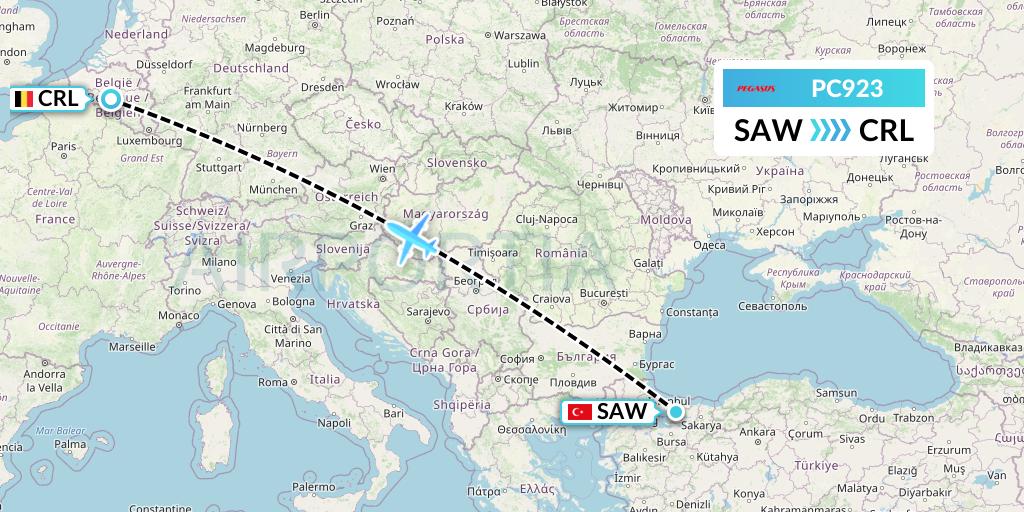 PC923 Pegasus Airlines Flight Map: Istanbul to Brussels
