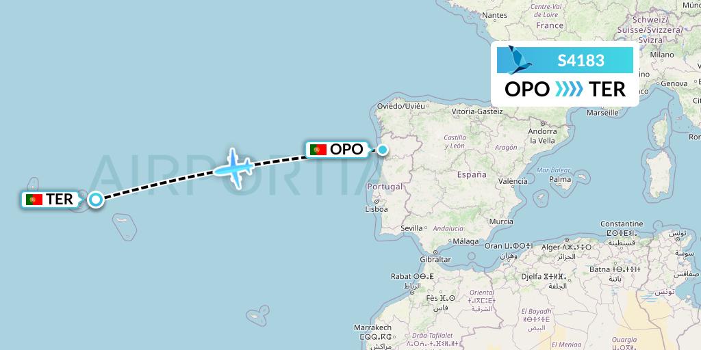 S4183 Azores Airlines Flight Map: Porto to Lajes