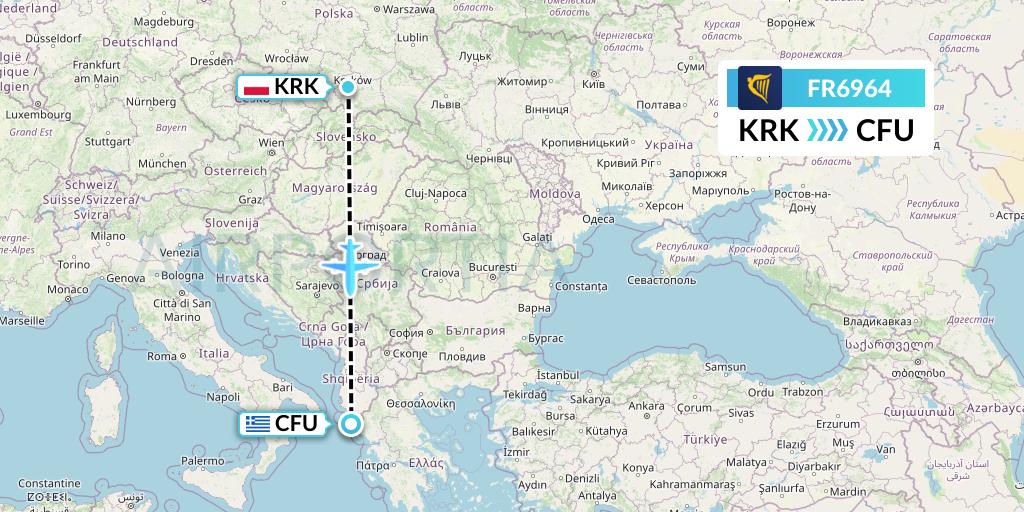 FR6964 Ryanair Flight Map: Krakow to Corfu