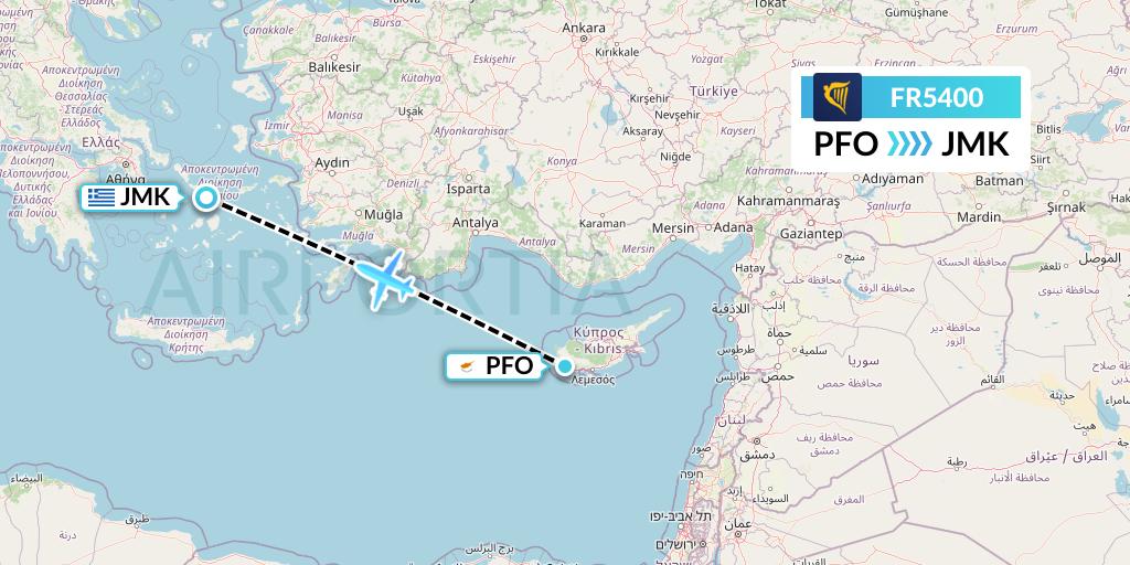 FR5400 Ryanair Flight Map: Pafos to Mykonos