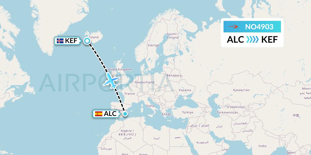 NO4903 Neos Flight Map: Alicante to Reykjavik