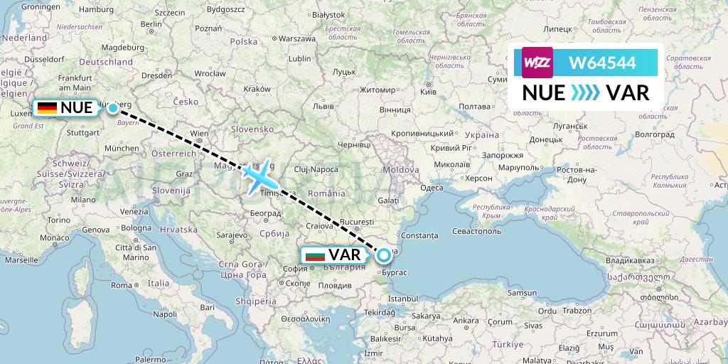 W64544 Wizz Air Flight Map: Nurnberg to Varna