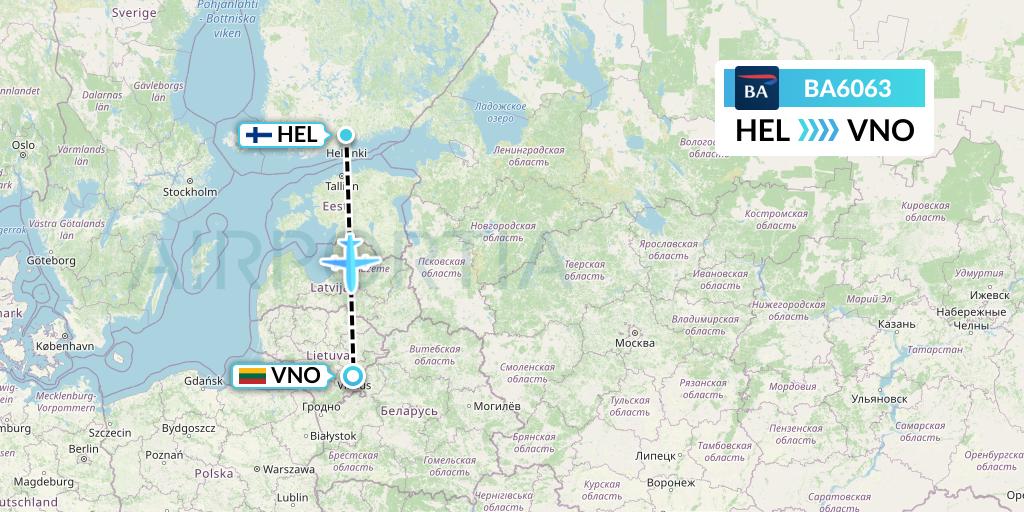 BA6063 British Airways Flight Map: Helsinki to Vilnius