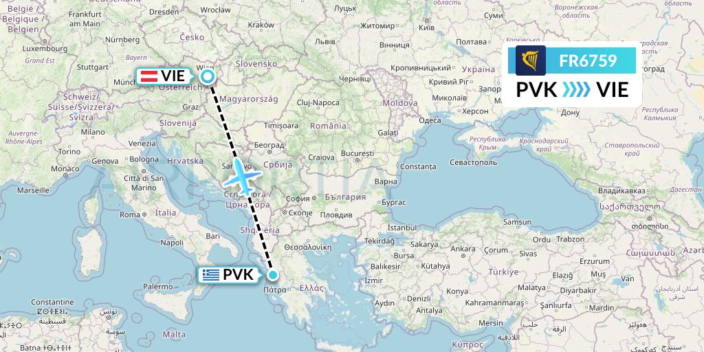 FR6759 Ryanair Flight Map: Preveza to Vienna