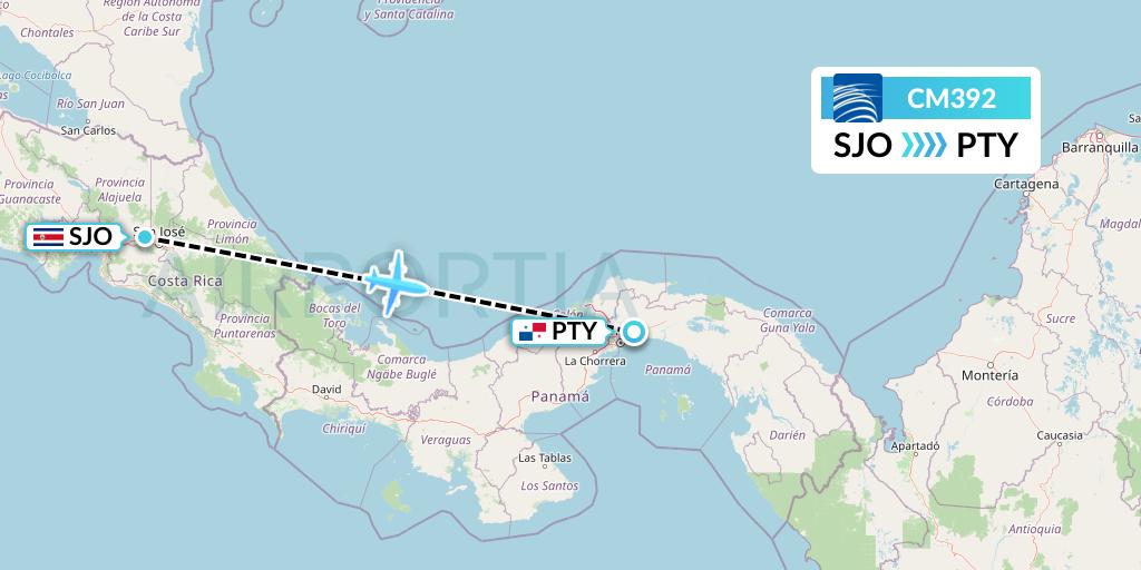 CM392 Copa Airlines Flight Map: San Jose to Panama City