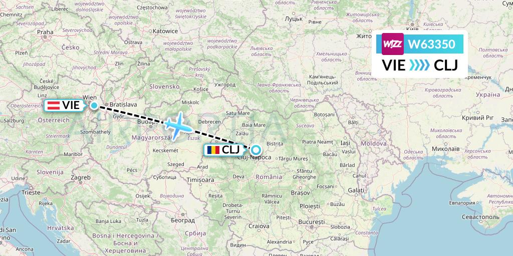 W63350 Wizz Air Flight Map: Vienna to Cluj-Napoca
