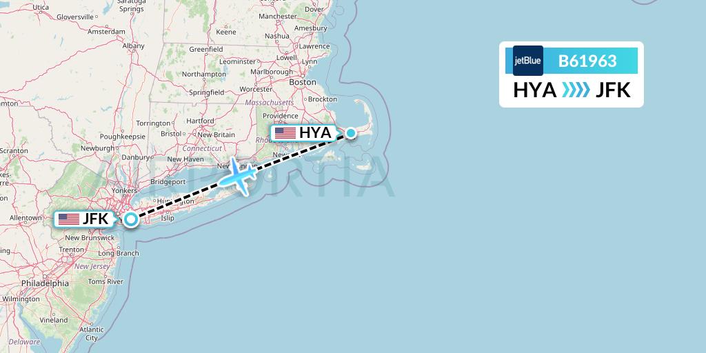 B61963 JetBlue Airways Flight Map: Hyannis to New York