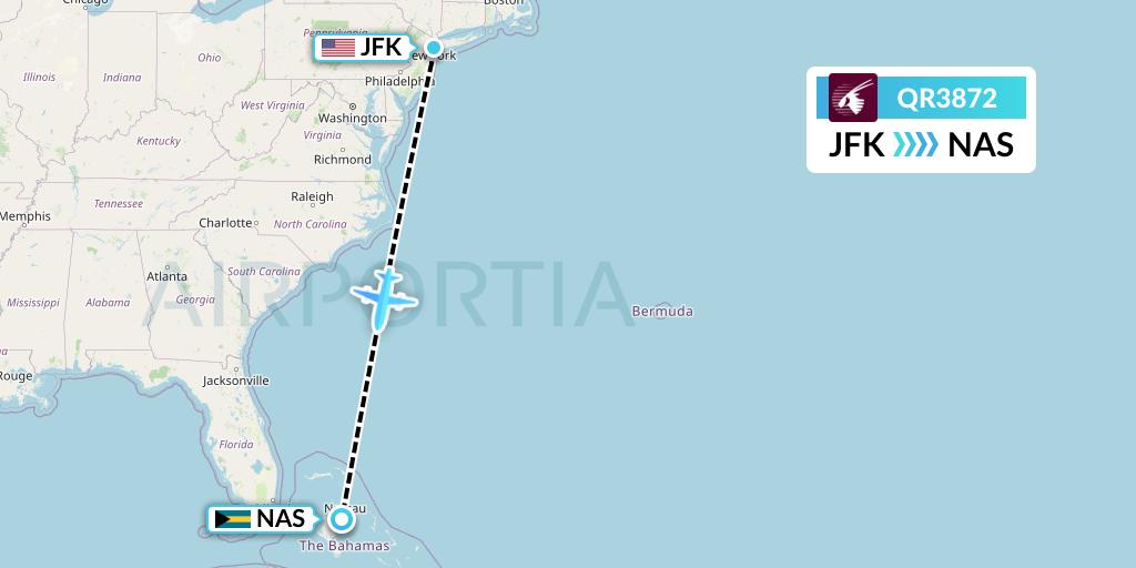 QR3872 Qatar Airways Flight Map: New York to Nassau