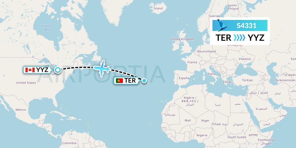 S4331 Azores Airlines Flight Map: Lajes to Toronto