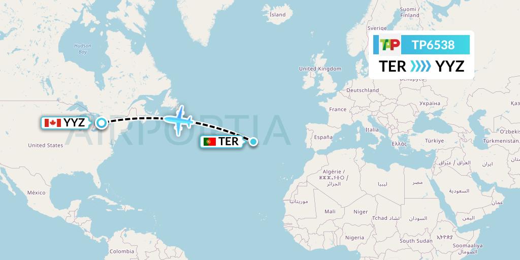 TP6538 TAP Portugal Flight Map: Lajes to Toronto