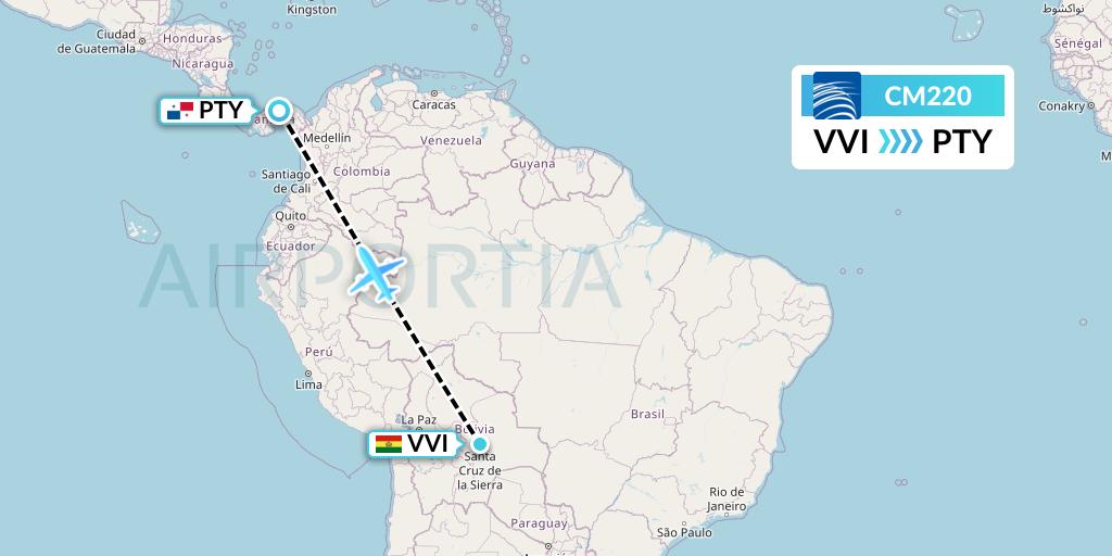 CM220 Copa Airlines Flight Map: Santa Cruz to Panama City
