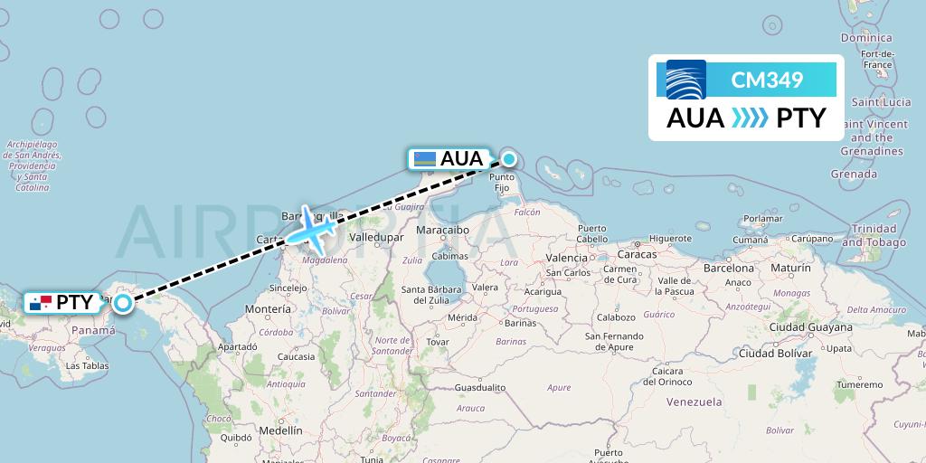 CM349 Copa Airlines Flight Map: Oranjestad to Panama City