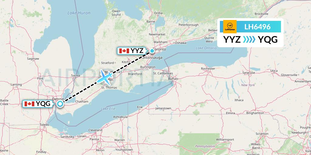 LH6496 Lufthansa Flight Map: Toronto to Windsor