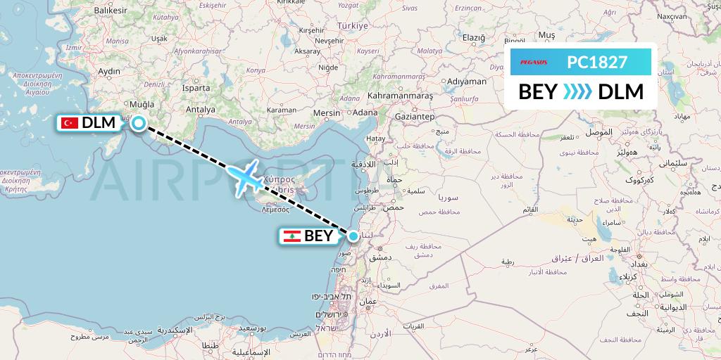 PC1827 Pegasus Airlines Flight Map: Beirut to Dalaman
