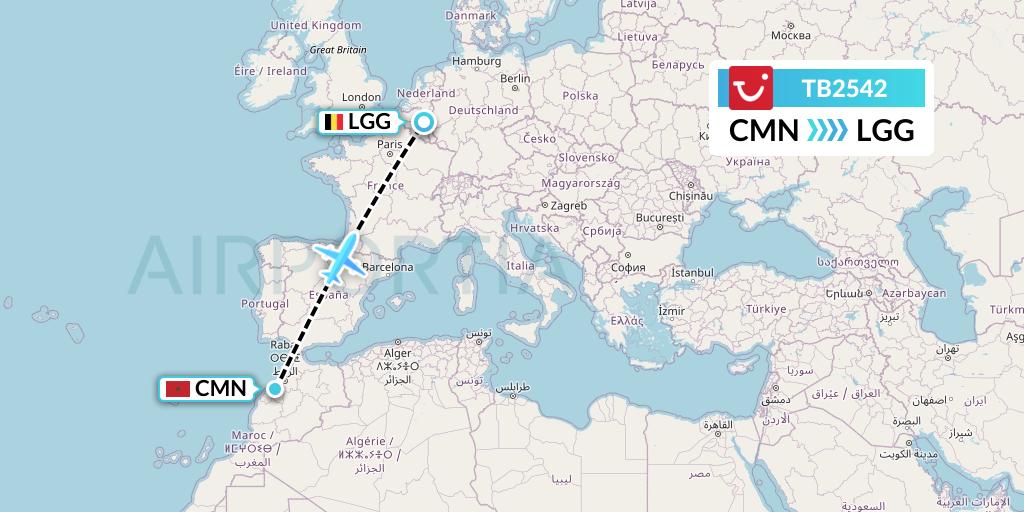 TB2542 TUI fly Belgium Flight Map: Casablanca to Liege