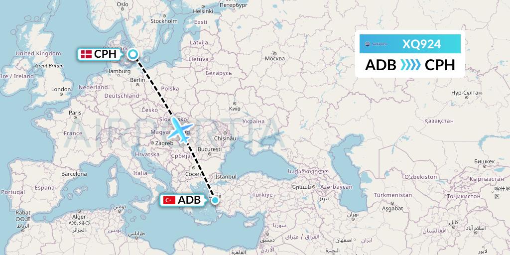 XQ924 SunExpress Flight Map: Izmir to Copenhagen