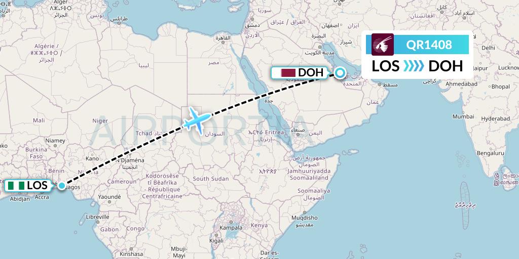 QR1408 Qatar Airways Flight Map: Lagos to Doha