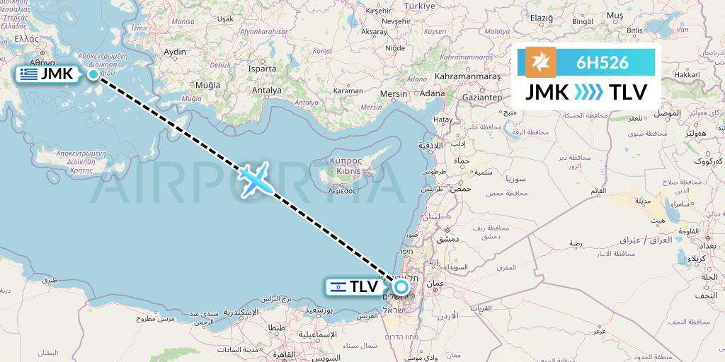 6H526 Israir Airlines Flight Map: Mykonos to Tel Aviv