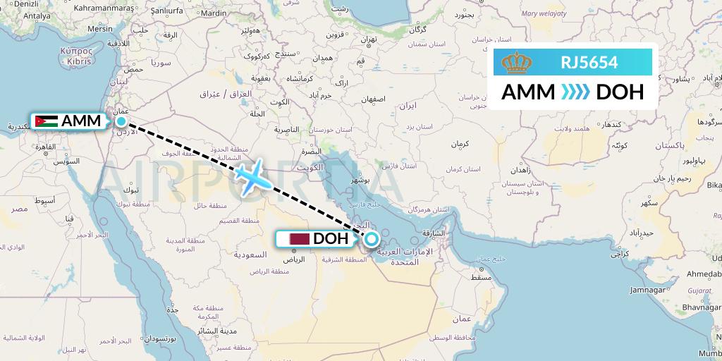 RJ5654 Royal Jordanian Flight Map: Amman to Doha