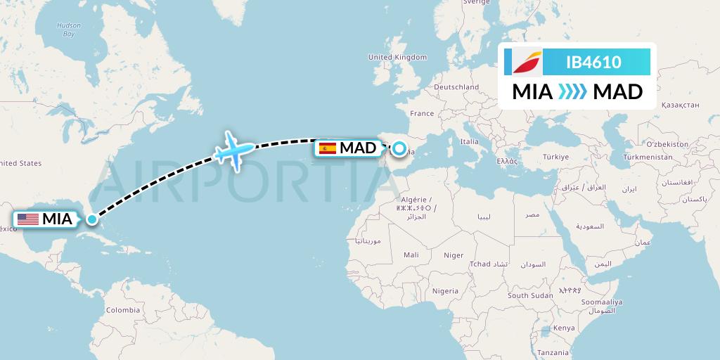 IB4610 Iberia Flight Map: Miami to Madrid