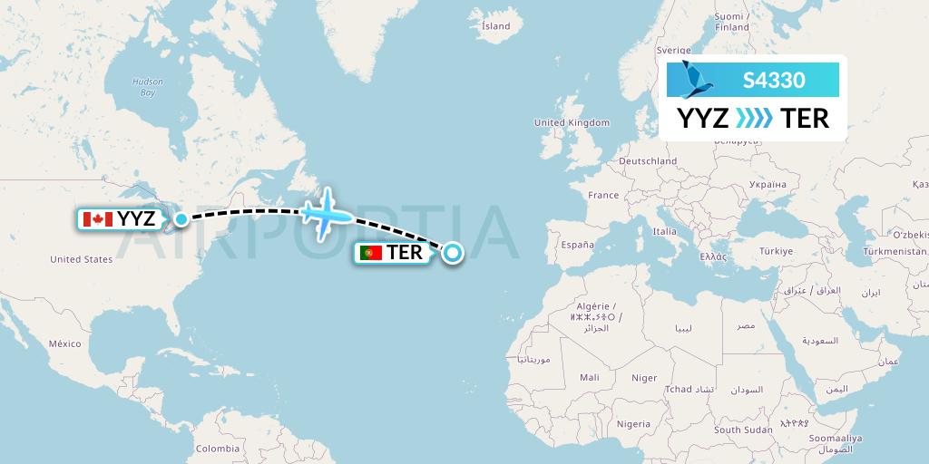 S4330 Azores Airlines Flight Map: Toronto to Lajes