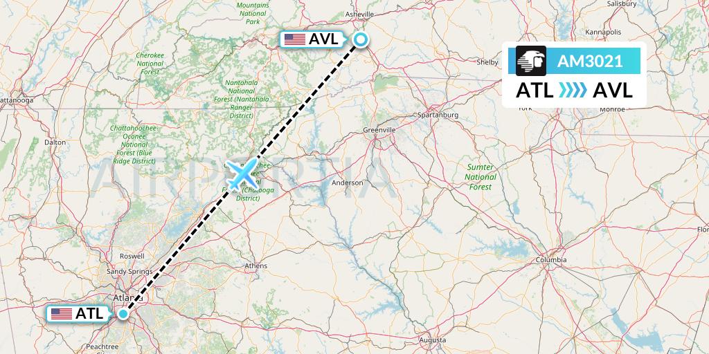 AM3021 Aeromexico Flight Map: Atlanta to Asheville