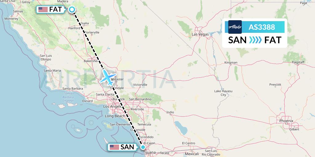 AS3388 Alaska Airlines Flight Map: San Diego to Fresno