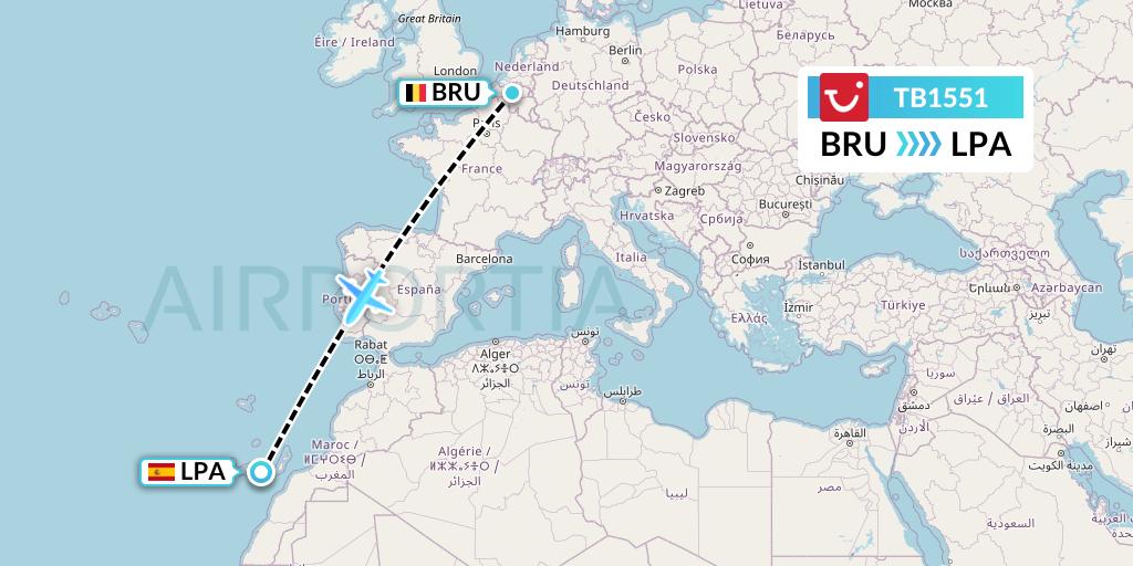 TB1551 TUI fly Belgium Flight Map: Brussels to Las Palmas