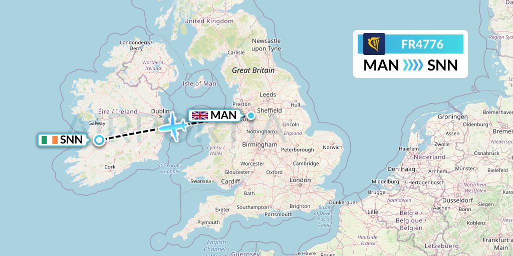 FR4776 Ryanair Flight Map: Manchester to Shannon