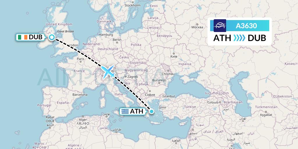 A3630 Aegean Airlines Flight Map: Athens to Dublin