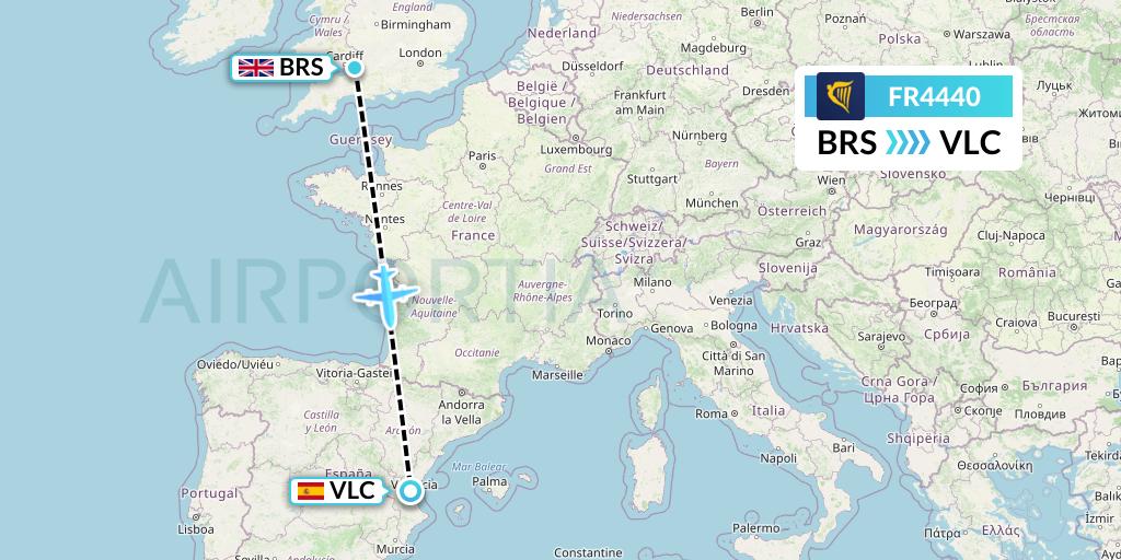 FR4440 Ryanair Flight Map: Bristol to Valencia