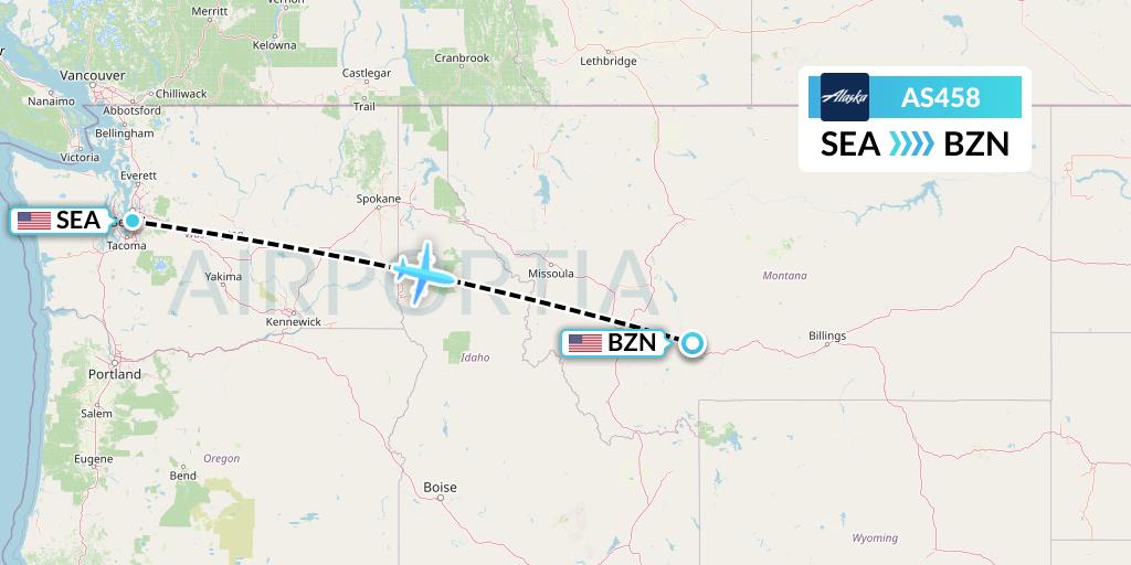 AS458 Alaska Airlines Flight Map: Seattle to Bozeman