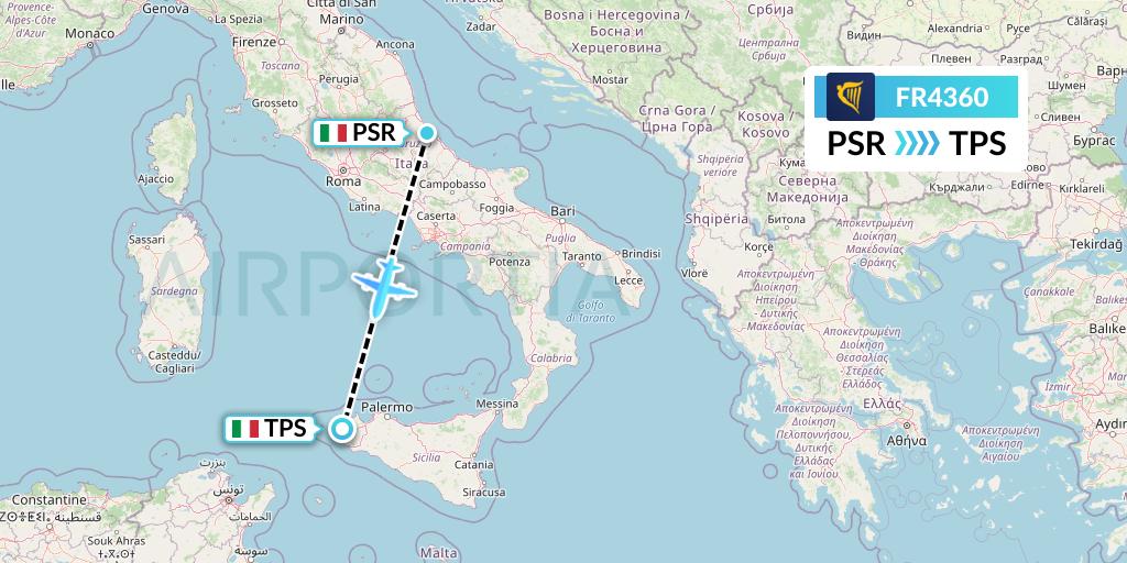 FR4360 Ryanair Flight Map: Pescara to Trapani