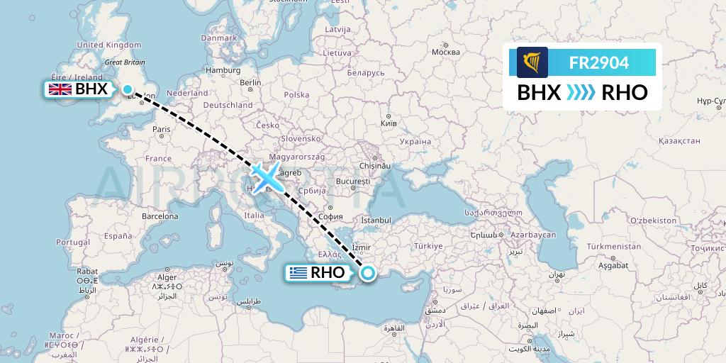 FR2904 Ryanair Flight Map: Birmingham to Rhodes