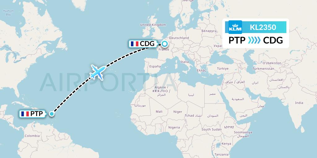KL2350 KLM Flight Map: Pointe-a-Pitre to Paris