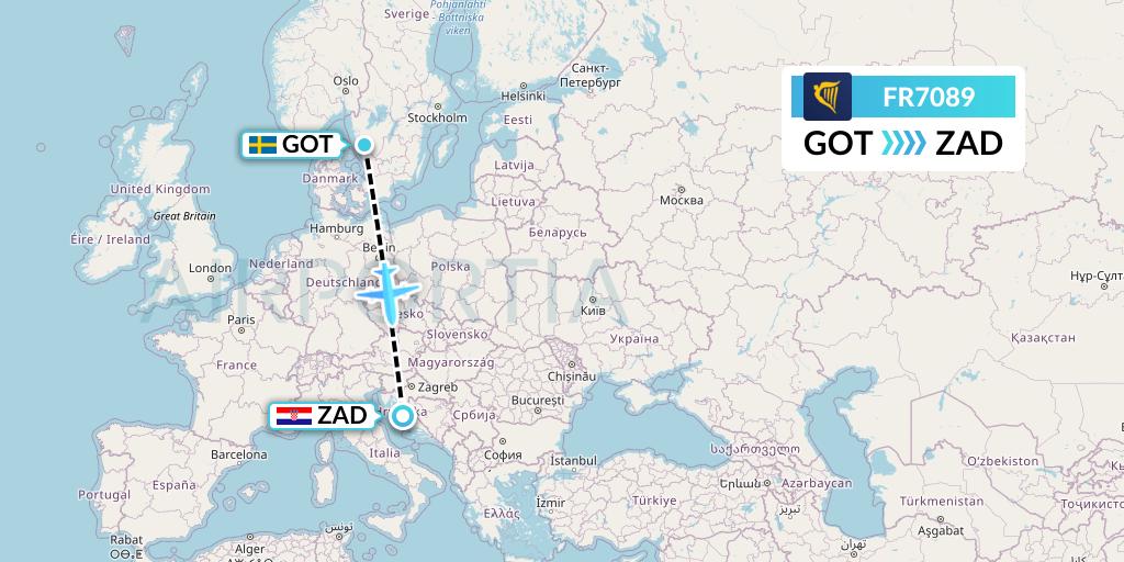 FR7089 Ryanair Flight Map: Gothenburg to Zadar