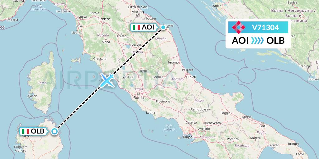 V71304 Volotea Flight Map: Ancona to Olbia