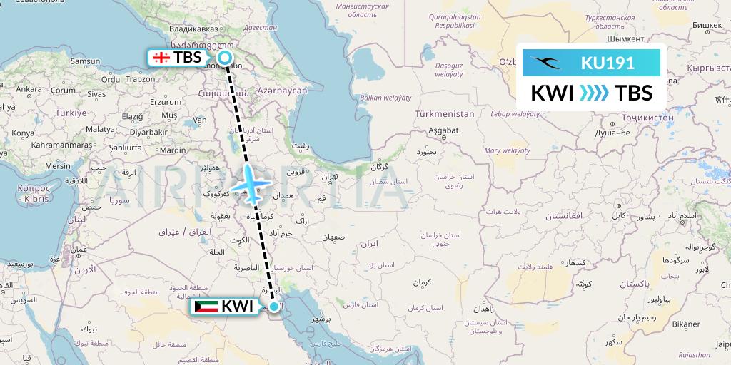 KU191 Kuwait Airways Flight Map: Kuwait City to Tbilisi